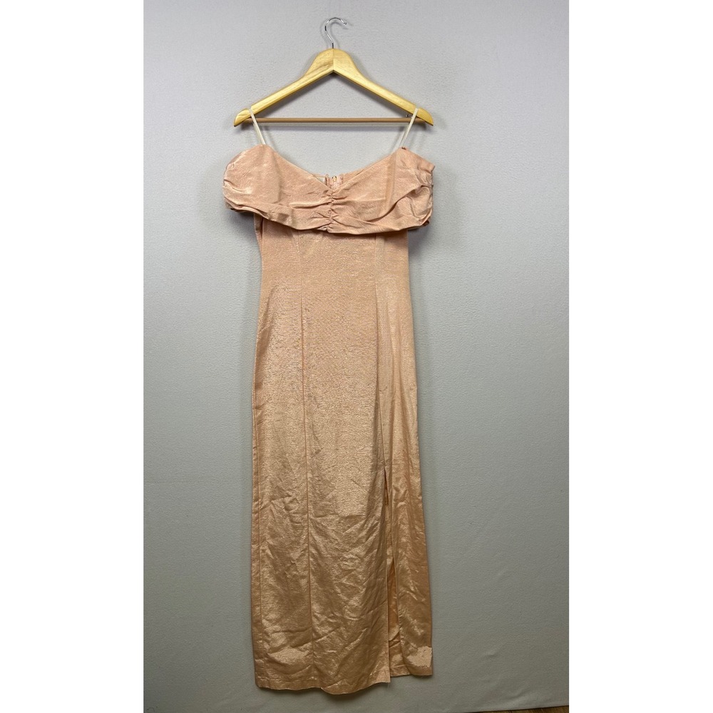 Vintage 90s Loralie Original Womens 8 Peach Off Shoulder Shimmer Maxi Gown Dress